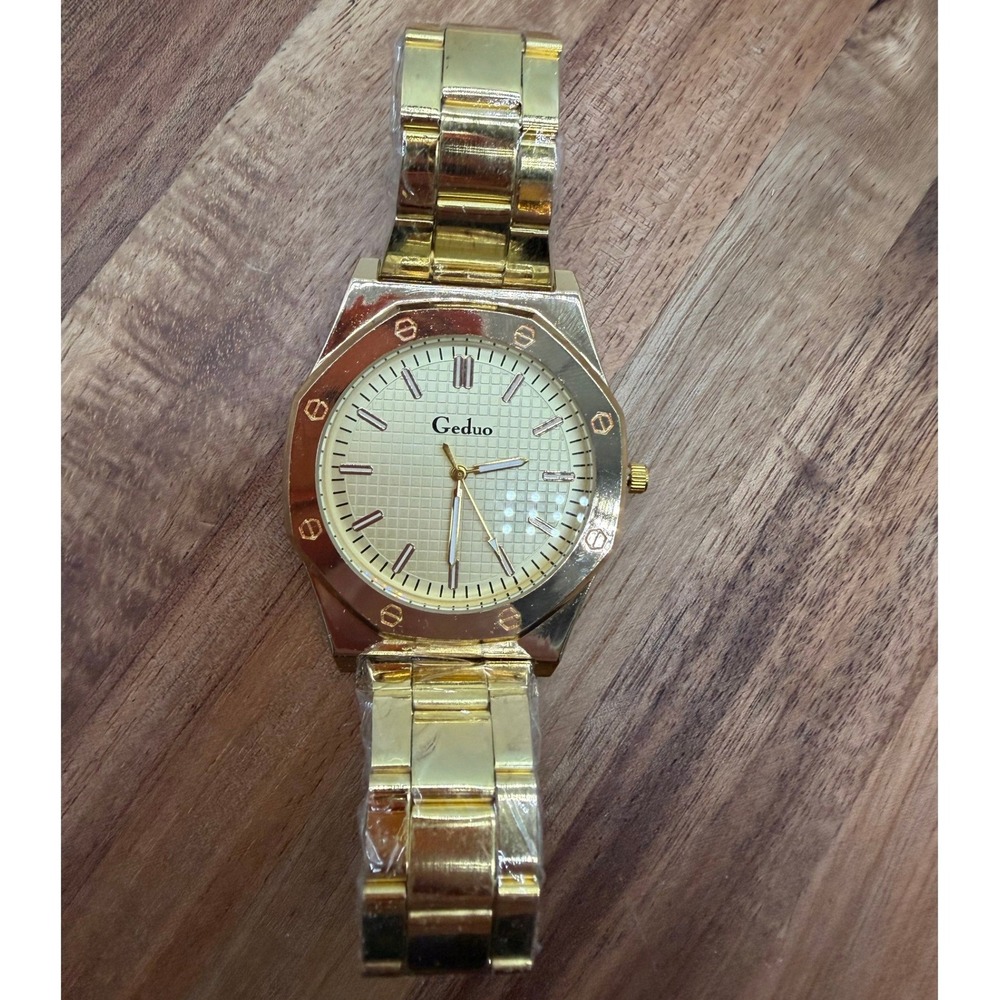 Geduo Mens Gold Tone Stainless Steel Watch Octagonal Bezel Textured Dial  0460 - Picture 3 of 4